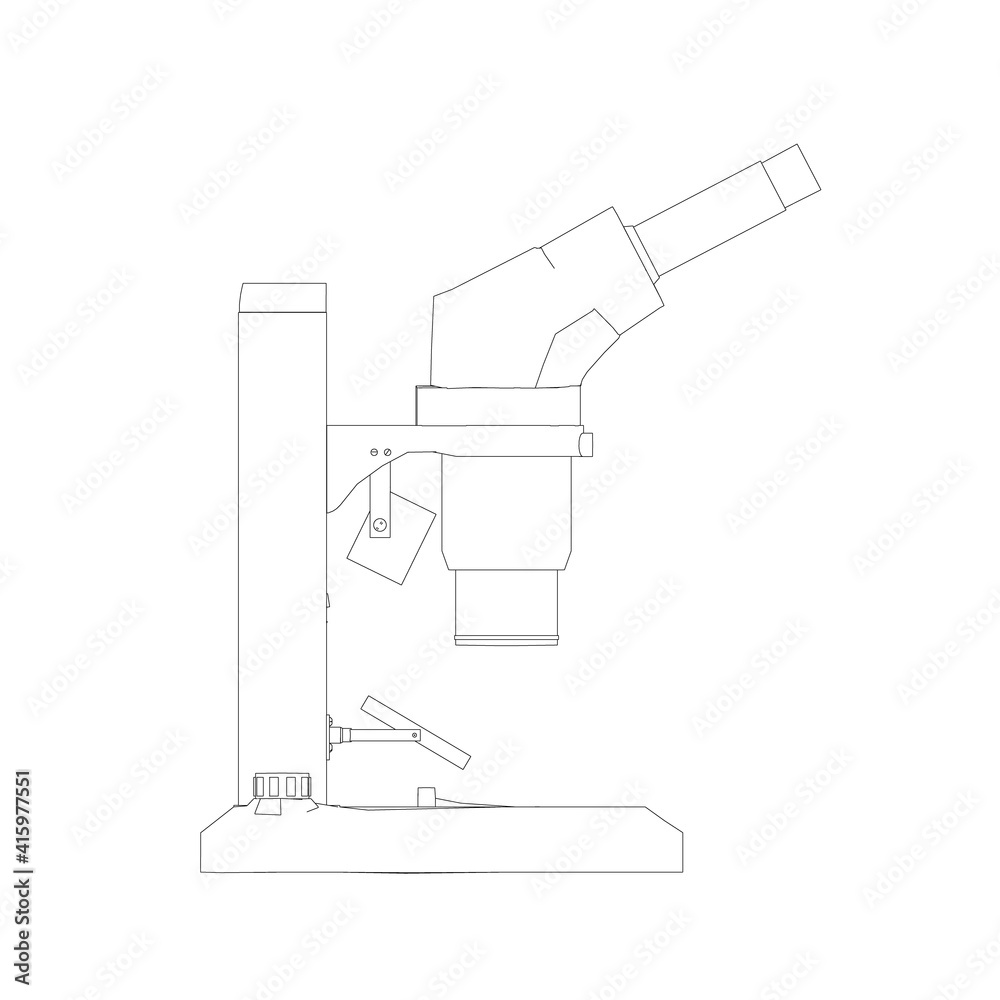 Microscope outline from black lines isolated on white background. Side view. Vector illustration Microscope outline from black lines isolated on white background. Side view. Vector illustration