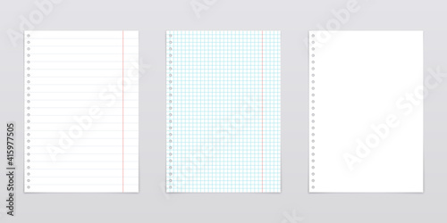Set of notebook sheets: blank, squared and ruled. Vector realistic sheets with shadow.