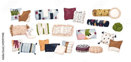 Set of trendy bed pillows with abstract geometric patterns. Modern design of home cushions of different shapes and sizes. Colored flat cartoon vector illustration isolated on white background
