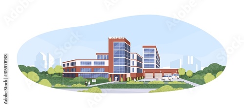 Modern building exterior of municipal hospital, clinic or medical center with ambulances and patients. Colored flat graphic vector illustration of health-care facility isolated on white background