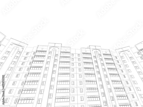 The outline of a multi-storey residential building. Bottom view. 3D. Vector illustration