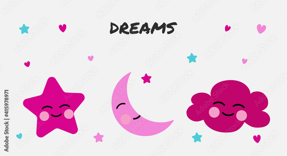 Pink clouds, star and moon for printing on cups, decorative pillows. For children's posters, postcards. Pink clouds, star and moon for printing on cups, decorative pillows. For children's posters, postcards.