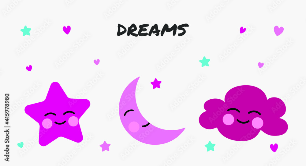 Pink clouds, star and moon for printing on cups, decorative pillows. For children's posters, postcards. Vector graphics. Pink clouds, star and moon for printing on cups, decorative pillows. For children's posters, postcards. Vector graphics.