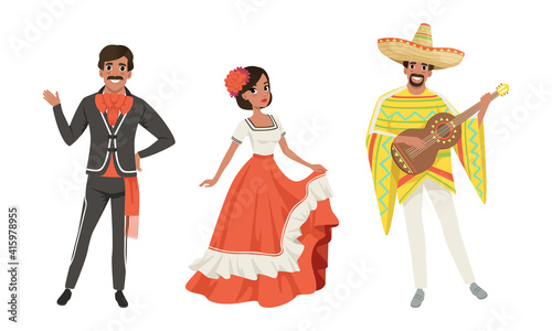 Mexican Men and Woman in Traditional National Clothes Set, Dancers and Musician Characters Cartoon Vector Illustration