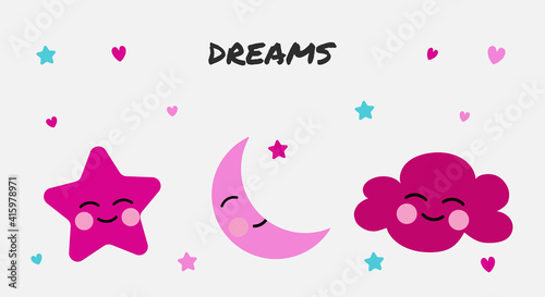 Pink clouds, star and moon for printing on cups, decorative pillows. For children's posters, postcards. 