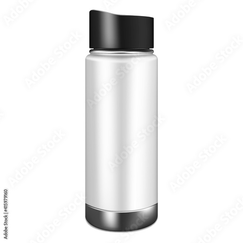 Tall thermo water bottle, realistic vector mock-up. Blank sports flask. Stainless steel travel mug, mockup. Template for design