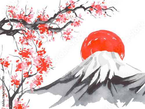 Japan traditional sumi-e painting. Fuji mountain, sakura, sunset. Japan sun. Indian ink vector illustration. Japanese picture.