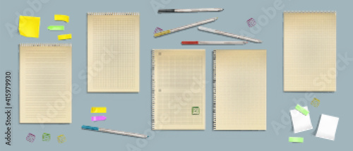 Notebook sheets of kraft paper, blank pages with lines, dots or checks with sticky notes, clips and colored pencils around. Memo pads, daily planner templates, Realistic 3d vector illustration, set