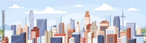 Panoramic view of modern buildings, skyscrapers, towers in business city bloc...