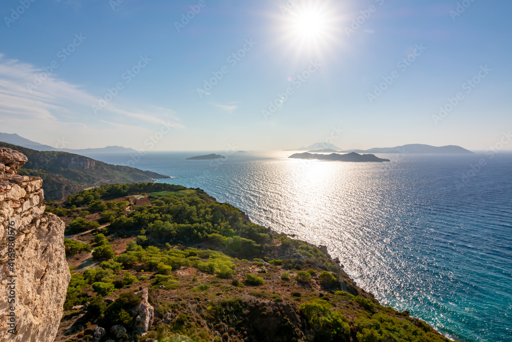 Sunset over Dodecanese islands from Kritinia Castle, Greece
