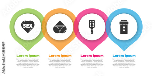 Set Heart with text Sex, Woman panties, Spanking paddle and Vagina masturbator. Business infographic template. Vector.