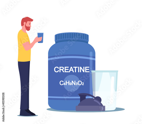 Sportsman Character Drink Creatine Cocktail from Shaker in Gym. Sportive Man Healthy Lifestyle. Fitness Recreation