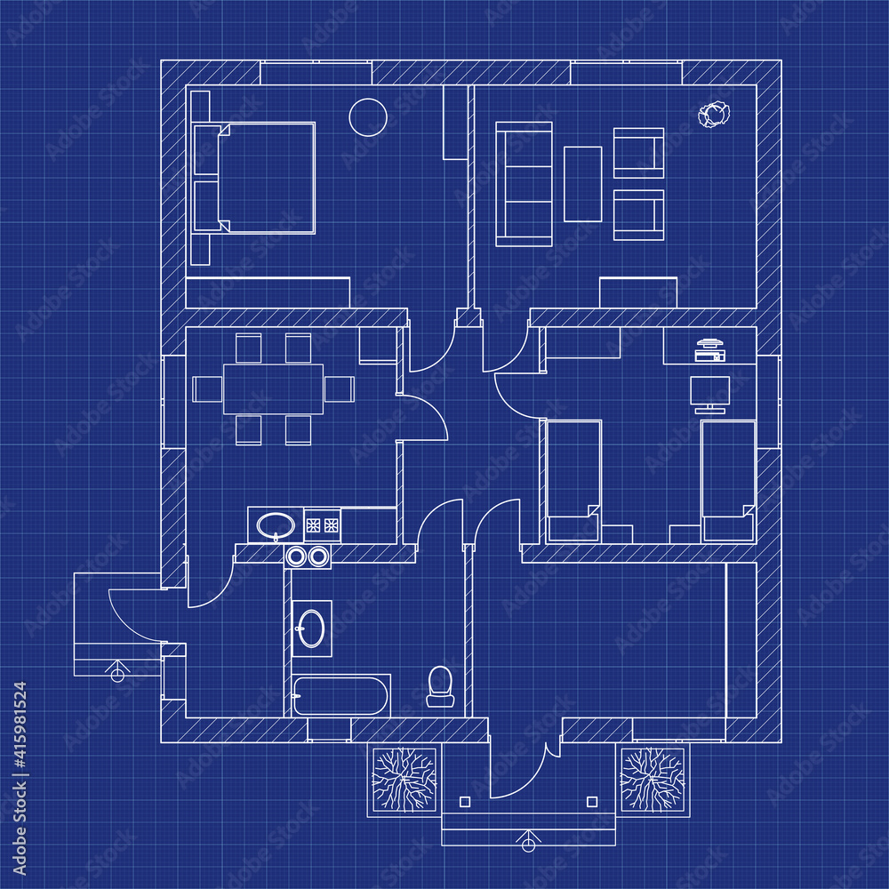 Blueprint floor plan of a modern apartment on graph paper.  Vector blueprint. Architectural background.