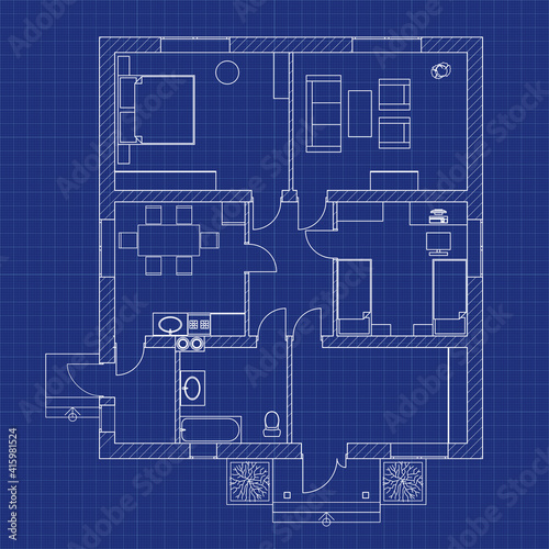 Blueprint floor plan of a modern apartment on graph paper. Vector blueprint. Architectural background.