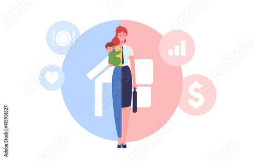 Woman Character Separated on Two Halves as Housewife with Child and Businesswoman Choosing Between Family or Parenting
