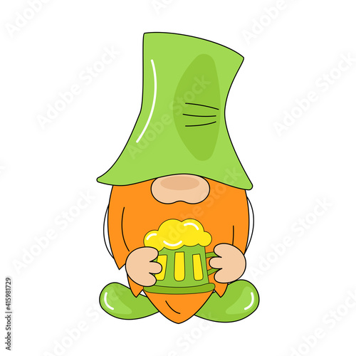 St. Patrick's Day Irish gnomes with mug beer for good luck. Icon Leprechaun. Cartoon gnomes isolated on white background. Vector Illustration