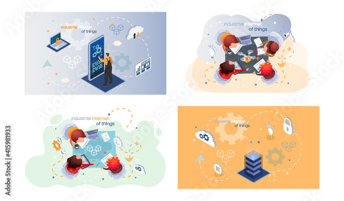 Industrial internet of things 4ir revolution, AI, IoT computerized data storage and protection management. Team of engineers control equipment using digital devices, modern industrial technologies
