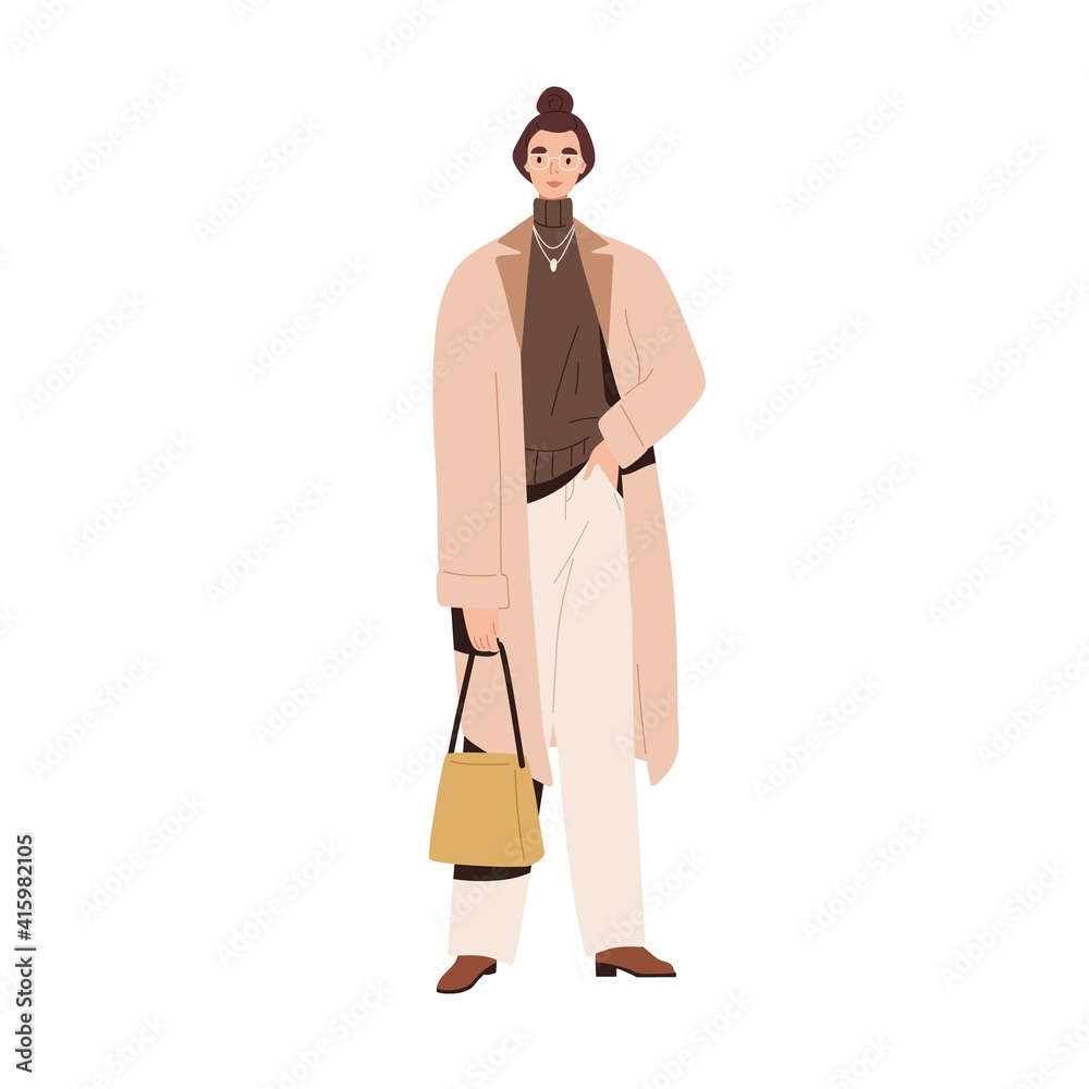 Stylish modern woman in autumn fashion outfit. Model wearing coat, sweater, loose pants and handbag. Trendy clothes in urban casual style. Colored flat vector illustration isolated on white background
