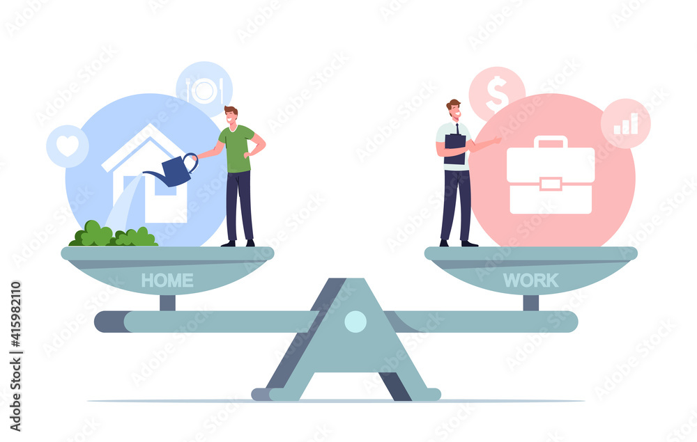 Balance between Work and Home Concept. Tiny Male Characters Balancing on Huge Scales with Basic Values Career and Family Balance between Work and Home Concept. Tiny Male Characters Balancing on Huge Scales with Basic Values Career and Family