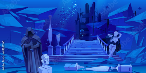 Ancient ruins, old architecture sunken under water in sea or ocean. Vector cartoon illustration of underwater landscape with broken columns, statues, destroyed buildings, stones and fishes