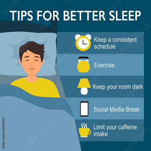 Tips for better sleep at night infographics. Sleeping man in bedroom and useful advices for better sleep next to him.