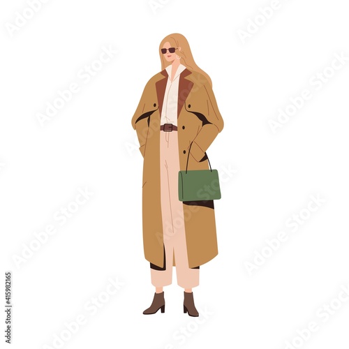 Stylish modern woman in autumn fashion outfit. Model wearing coat and bag. People dressed in trendy elegant clothes in urban casual style. Colored flat vector illustration isolated on white background