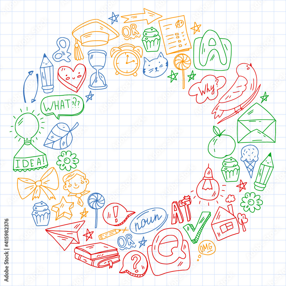 Back to school. Vector illustration with icons about education. English learning. Online internet courses. Back to school. Vector illustration with icons about education. English learning. Online internet courses.