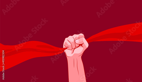 vector male fist. flat image of a fist with a clamped red flag. male hand on red background