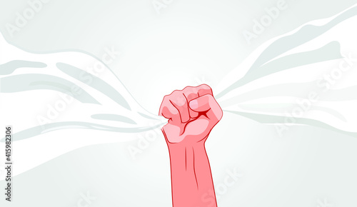 vector male fist. flat image of a fist with a clamped white flag. male hand on gray background