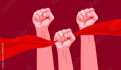 vector of male fists. flat image of fists with a clamped red flag. male hands on a red background