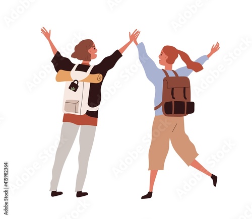 Back of young happy couple with backpacks traveling together. Two active tourists on summer holidays. Colored flat cartoon vector illustration of backpackers isolated on white background.