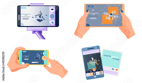 Human hand holding phone with app about methods of producing alternative energy, work of robotic assistants in production. Applications on smartphone to control technological equipment, quadcopter