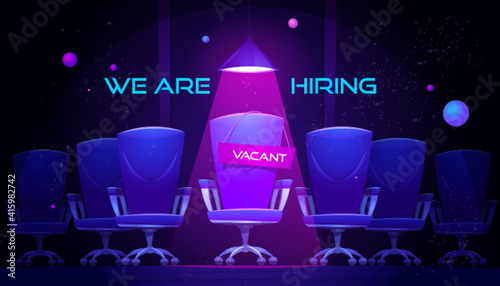 We are hiring cartoon banner with vacant chair under spotlight. Hire job announcement for candidates, head hunting, Human resource research, employment, recruiting concept. Vector illustration, poster
