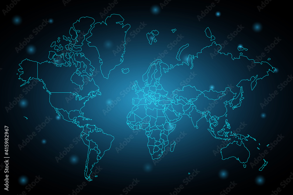 Abstract mesh line and point Scales on hexagon dark background with Map World. Wire frame 3D mesh polygonal network line, design sphere, dot and structure. Vector illustration eps 10. - Vector Abstract mesh line and point Scales on hexagon dark background with Map World. Wire frame 3D mesh polygonal network line, design sphere, dot and structure. Vector illustration eps 10. - Vector