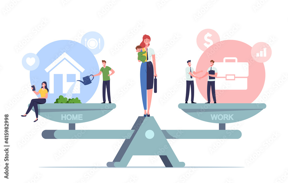 Work and Home Balance Concept. Tiny Characters Balancing on Huge Scales with Basic Values. Woman Separated on Two Halves Work and Home Balance Concept. Tiny Characters Balancing on Huge Scales with Basic Values. Woman Separated on Two Halves