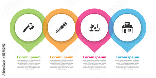 Set Wooden axe, Anti-tank hand grenade, Collimator sight and Hunting shop weapon. Business infographic template. Vector.