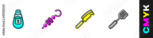 Set Salt, Grilled shish kebab, Meat chopper and Spatula icon. Vector.