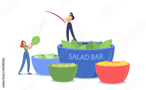 Tiny Female Characters at Huge Bowl with Salad in Vegetarian Bar. People Eating Vegetables and Fruits in Vegan Buffet