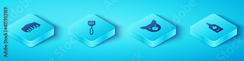 Set Isometric Grilled pork bbq ribs, Spatula, Tabasco sauce and Pig icon. Vector.