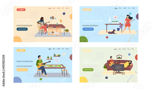 Set of illustrations about musicians performing songs with guitar. Website sing and play instrument. Guitarists with stringed instrument create melodies. Characters perform with acoustic guitar