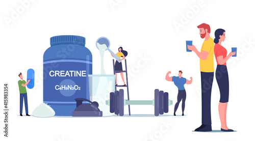 Tiny Characters Drinking Cocktail with Creatine Supplement in Gym. Sportive Nutrition, Lifestyle. People Pumping Muscles
