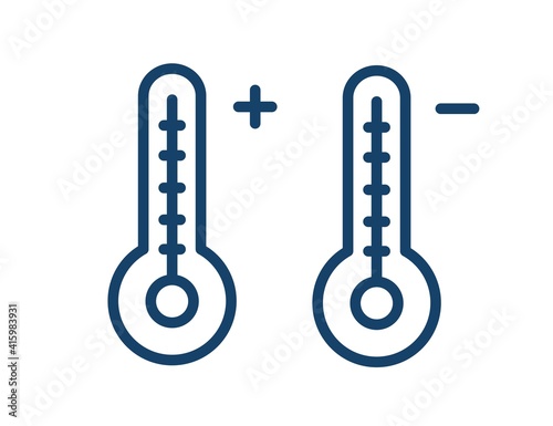 Two linear mercury thermometers with high and low temperatures. Simple icon of hot and cold weather in line art style. Flat vector illustration isolated on white background