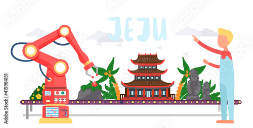 Line of elements Jeju island landing page template. Traditional house, exotic plants, palms, stone figures attraction, famous tourist site. Arm manipulator moves stone mountaine to conveyor belt