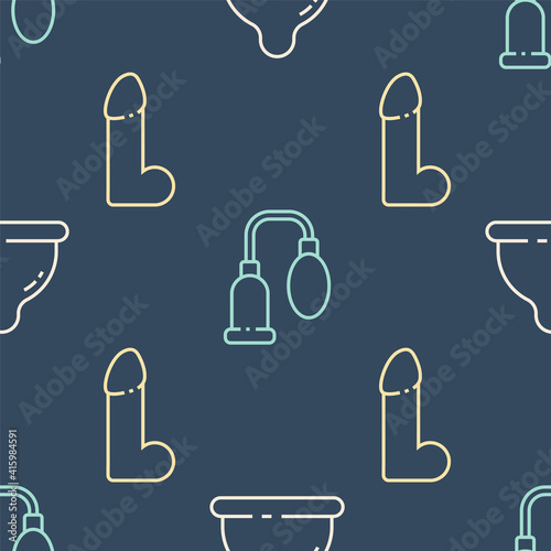 Set line Condom, Dildo vibrator and Penis pump on seamless pattern. Vector.