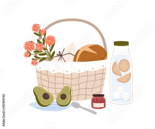 Composition of picnic basket with wild flowers and snacks for outdoor romantic breakfast or lunch bottle of lemonade, avocado, bread and jar of jam. Color flat vector illustration isolated on white