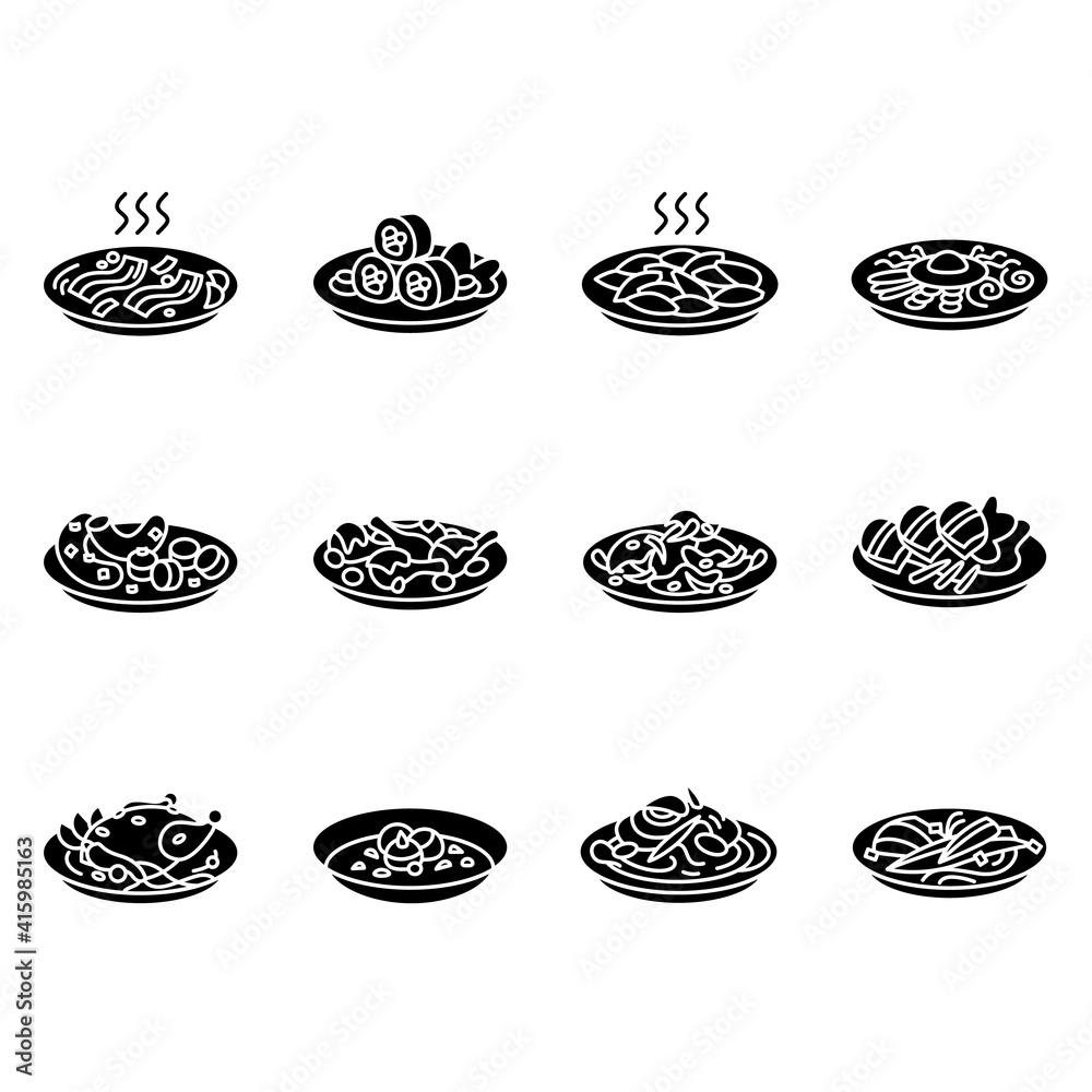 Korean food glyph icons. Set of traditional korean dishes .Eastern meal, meat, vegetables and sauces. Asian food and korean cuisine concept.Filled flat signs. Isolated silhouette vector illustrations 