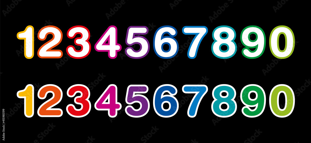 Rainbow colored numbers from one to zero, on a black background. Two rows of ten colorful numerals, bold, rounded and with a thin line at the edge. Isolated illustration. Vector. Rainbow colored numbers from one to zero, on a black background. Two rows of ten colorful numerals, bold, rounded and with a thin line at the edge. Isolated illustration. Vector.