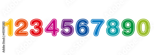 Rainbow colored numbers, from one to zero, with a white outline. Ten colorful numerals in a row, bold, rounded and with a thin white line at the edge, and isolated on a white background. Vector.
