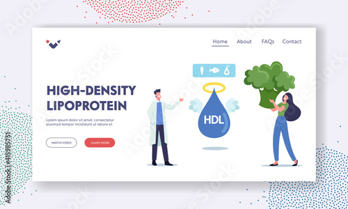 High Density Lipoprotein Landing Page Template. Doctor Character Explain Benefit of Good Cholesterol to Female Patient