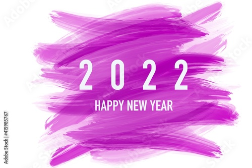 Illustration 2022 Happy New Year concept. White text 2022 HAPPY NEW YEAR on pink-purple brushstroke abstract. On isolated white background.
